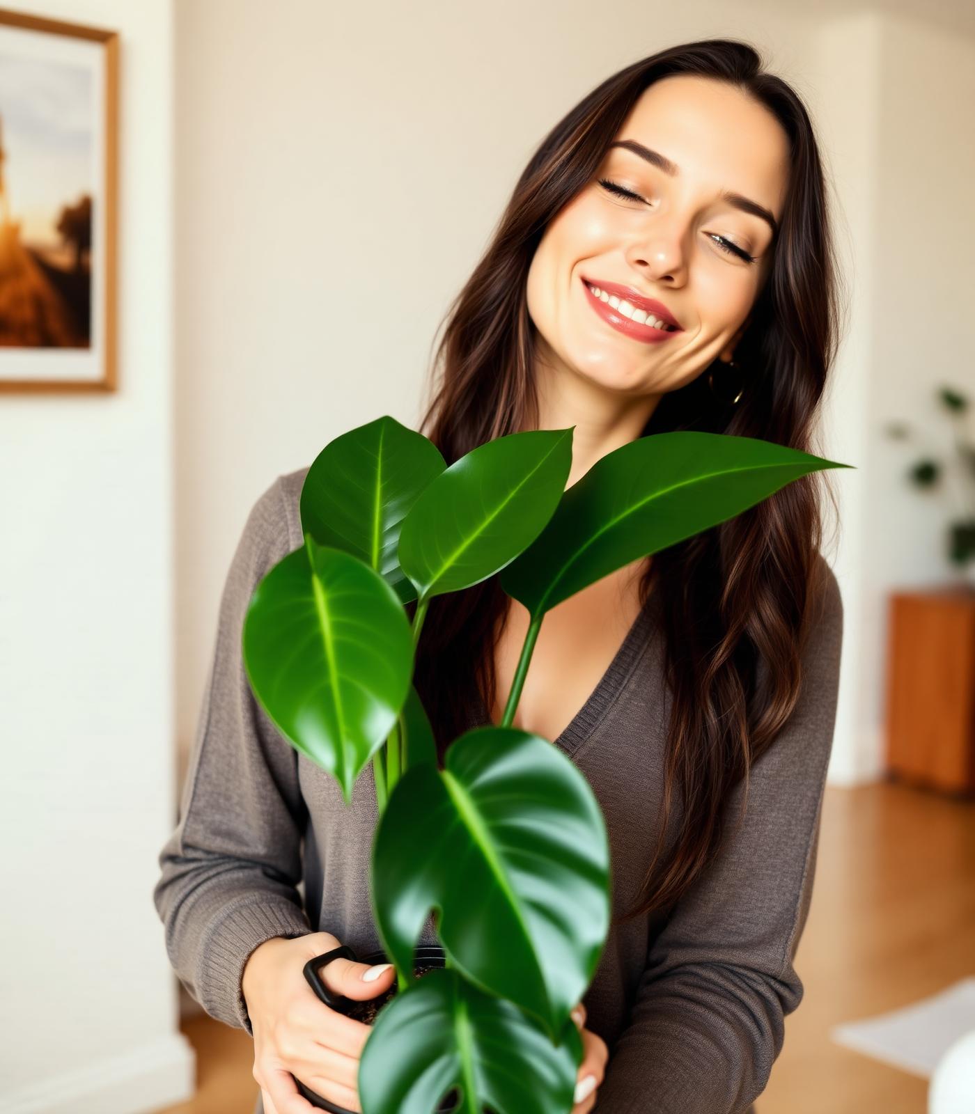 Person smiling while holding a houseplant