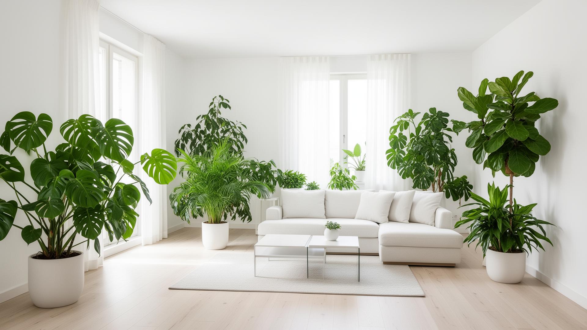 Bright modern living room filled with lush green indoor plants