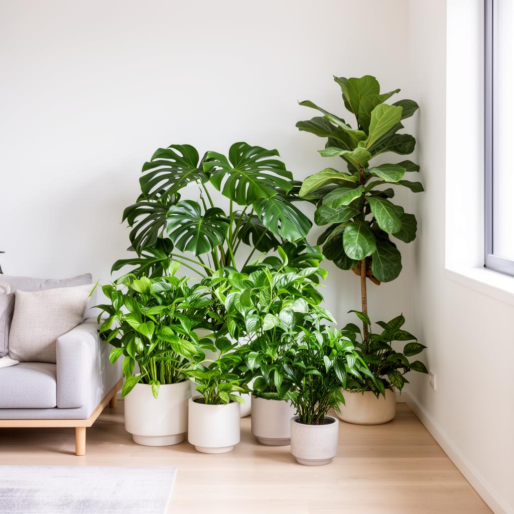 Sunlit modern living room corner with lush healthy indoor plants