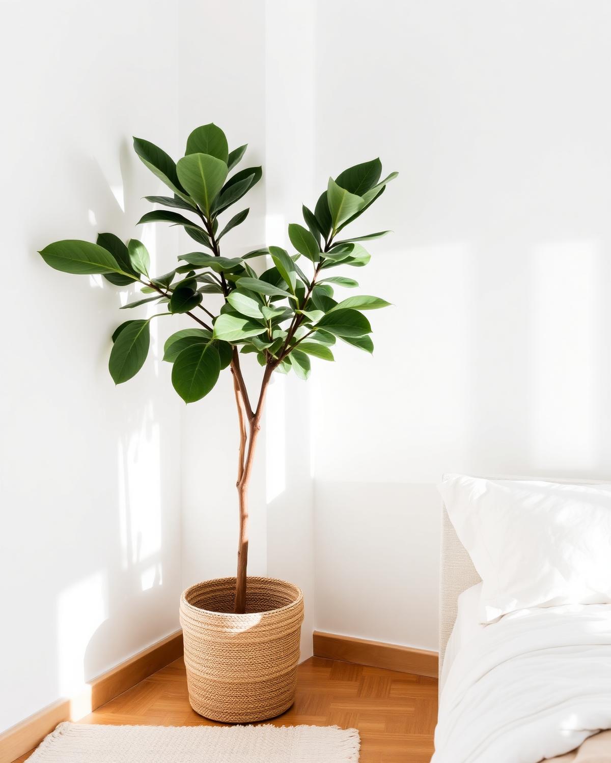 Sunlit bedroom corner with plant
