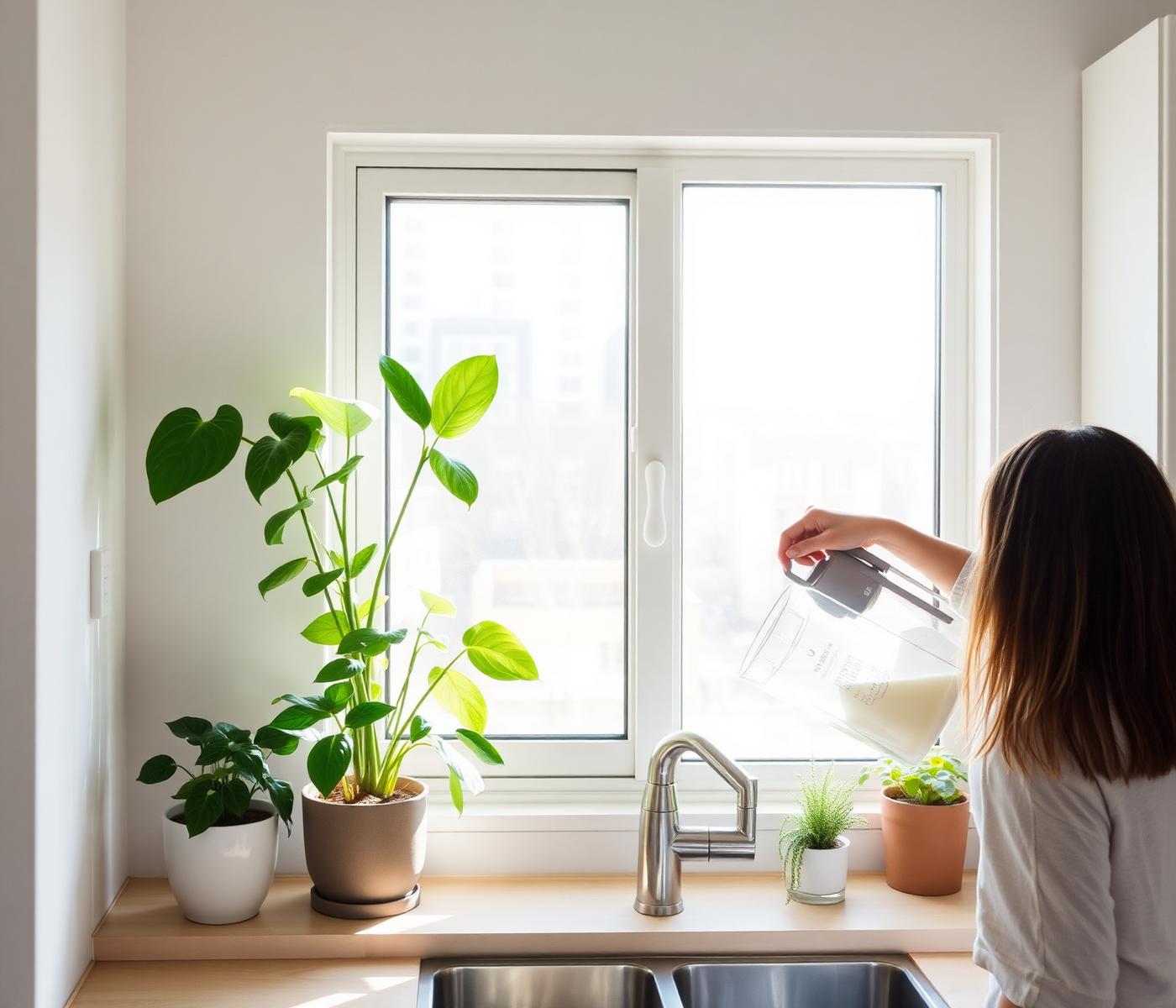 Person watering plants in a bright kitchen