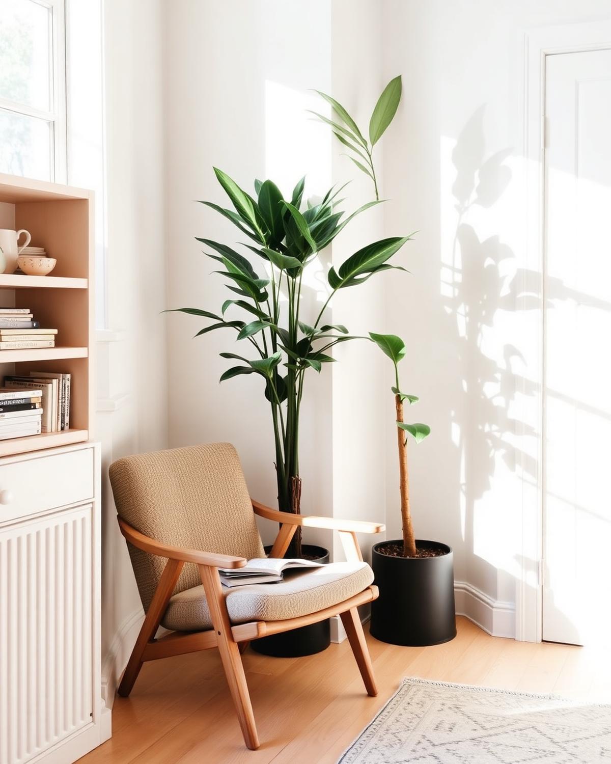 Reading nook with tall potted plant