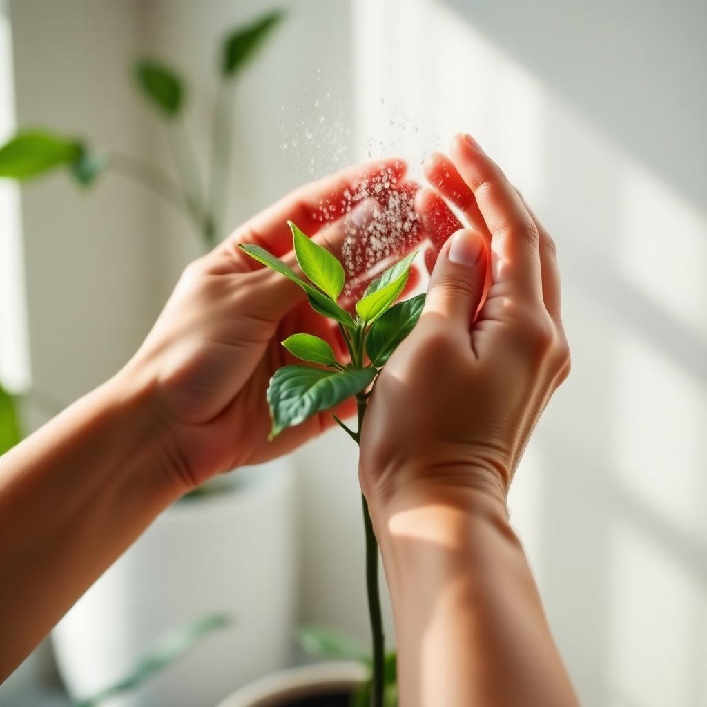 Hands misting a green houseplant