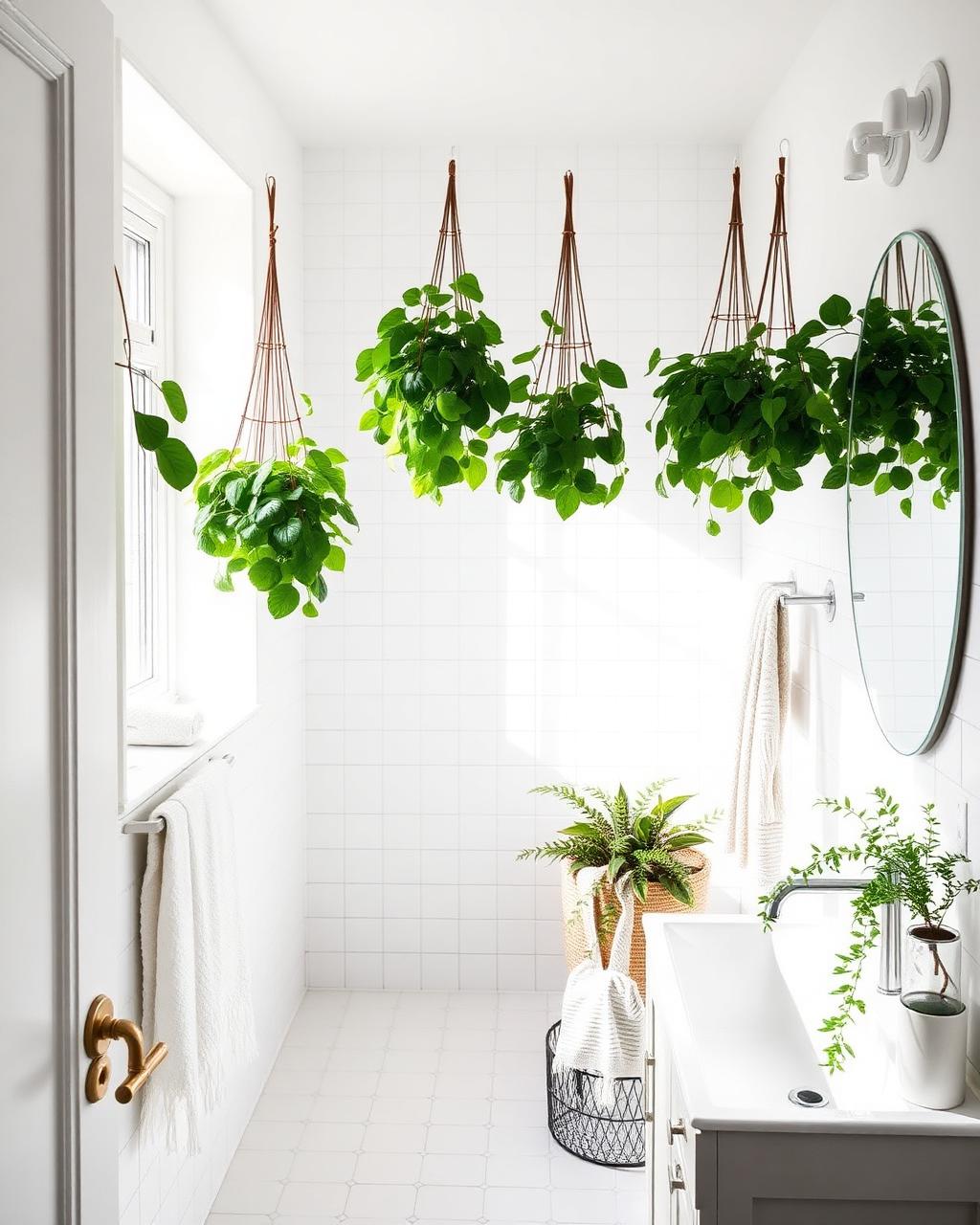 Bright bathroom with hanging plants