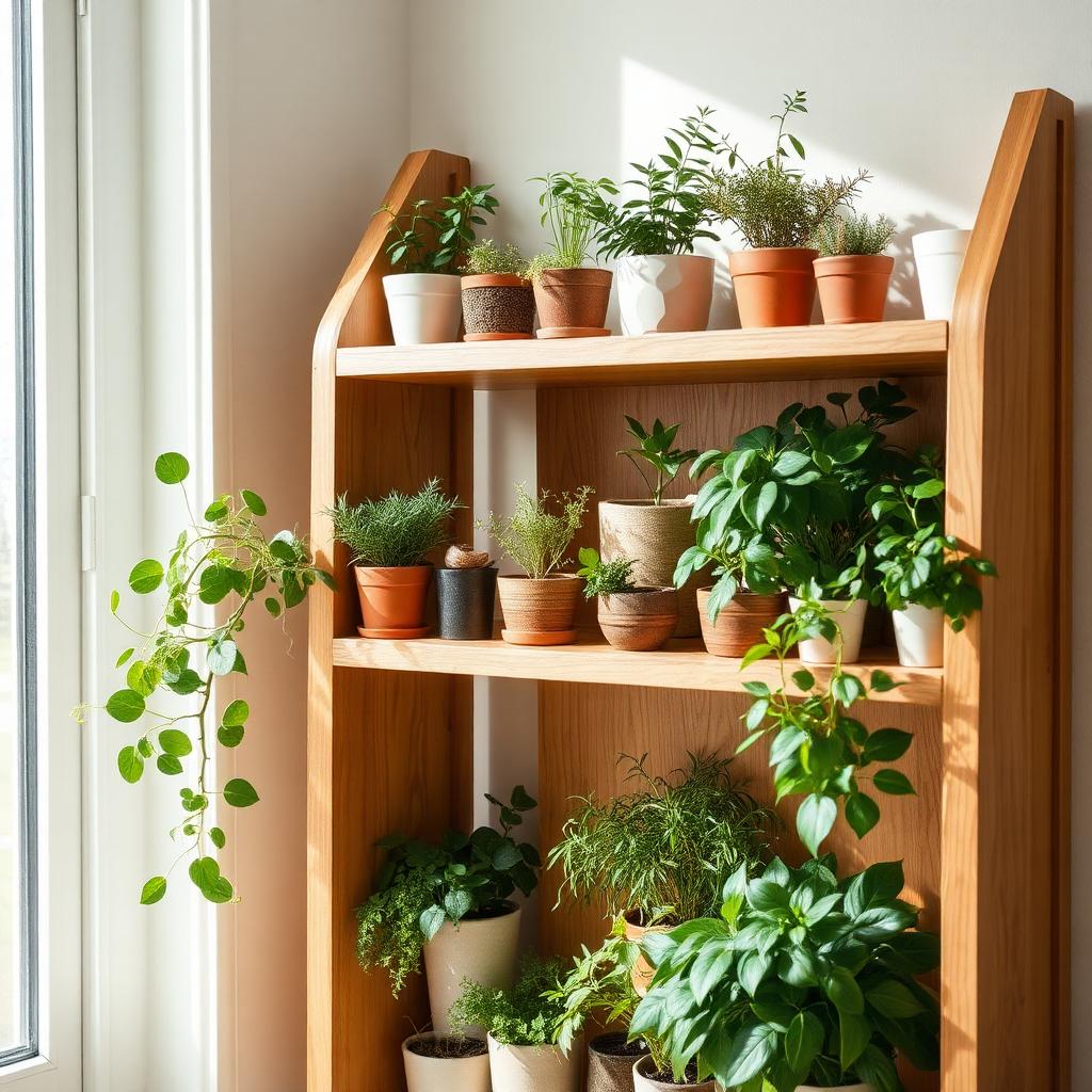 Wooden shelf filled with small potted plants