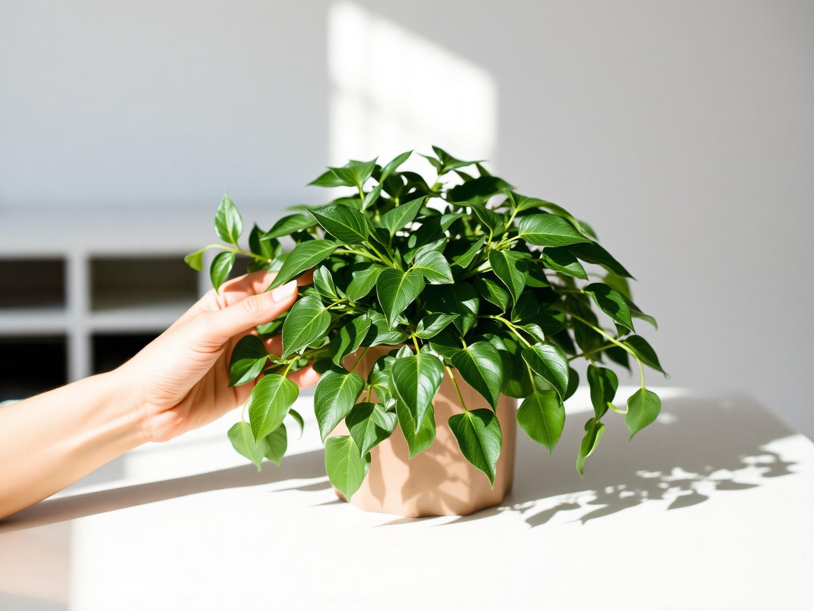 Hands gently caring for a healthy plant in a bright home
